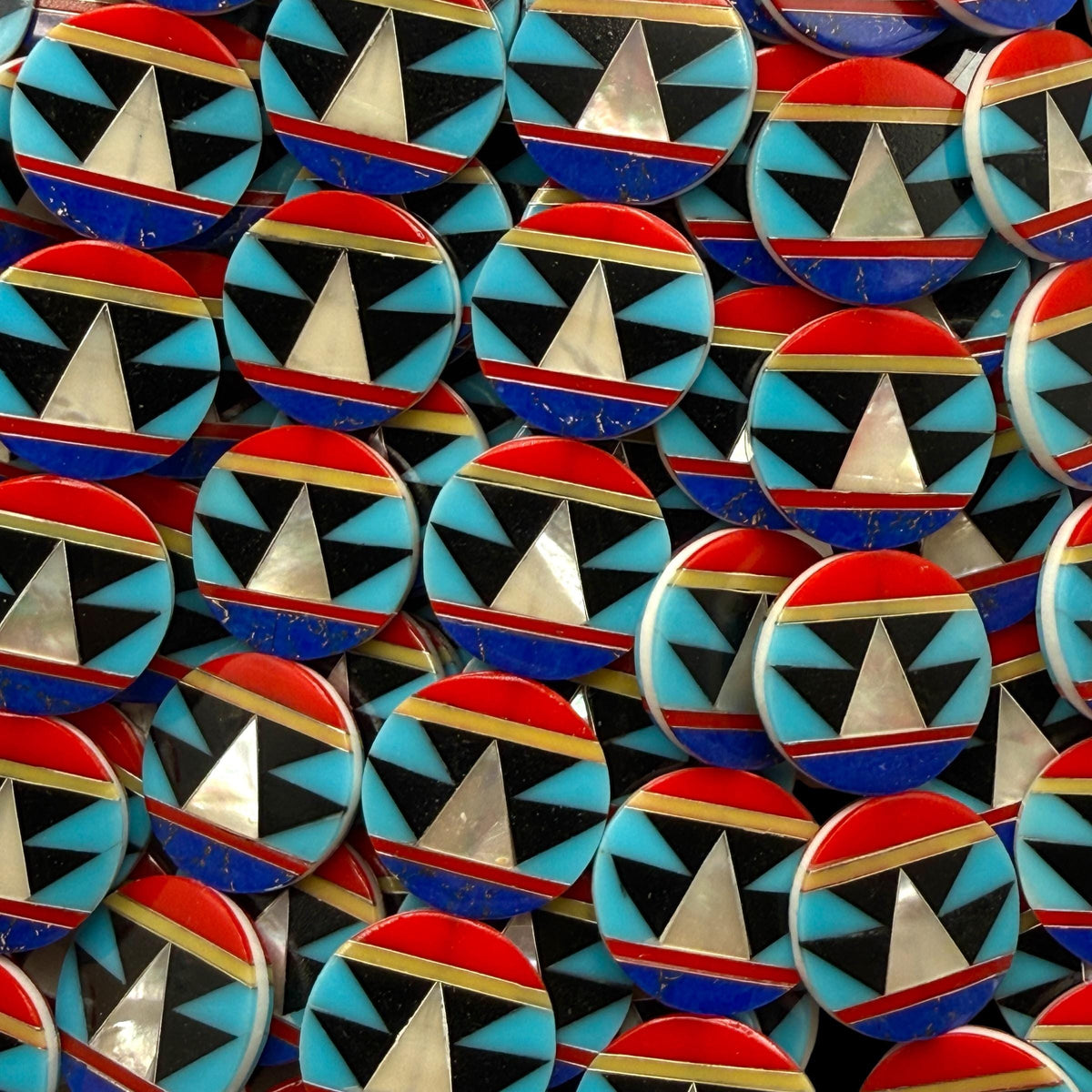 Native Style Inlay Beads - Turquoise, Lapis Lazuli, Coral, Mother of Pearl, Black Onyx - Double Sided 20mm Coin - 10 Beads (F403)