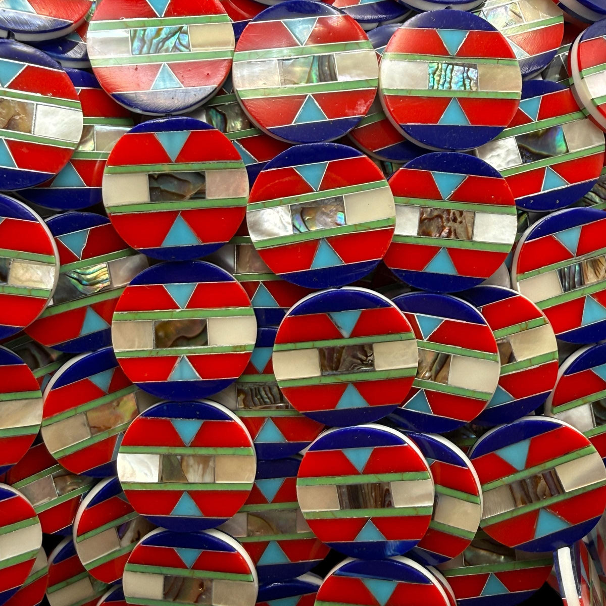 Native Style Inlay Beads - Abalone, Turquoise, Lapis Lazuli, Coral and Mother of Pearl - Double Sided 20mm Coin - 8 Inches - 10 Beads (F404)