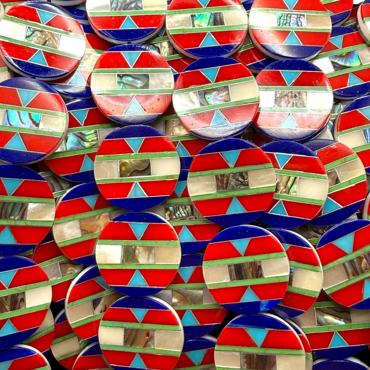 Native Style Inlay Beads - Abalone, Turquoise, Lapis Lazuli, Coral and Mother of Pearl - Double Sided 20mm Coin - 8 Inches - 10 Beads (F404)