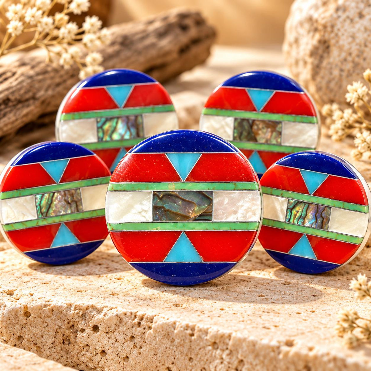 Native Style Inlay Beads - Abalone, Turquoise, Lapis Lazuli, Coral and Mother of Pearl - Double Sided 20mm Coin - 8 Inches - 10 Beads (F404)