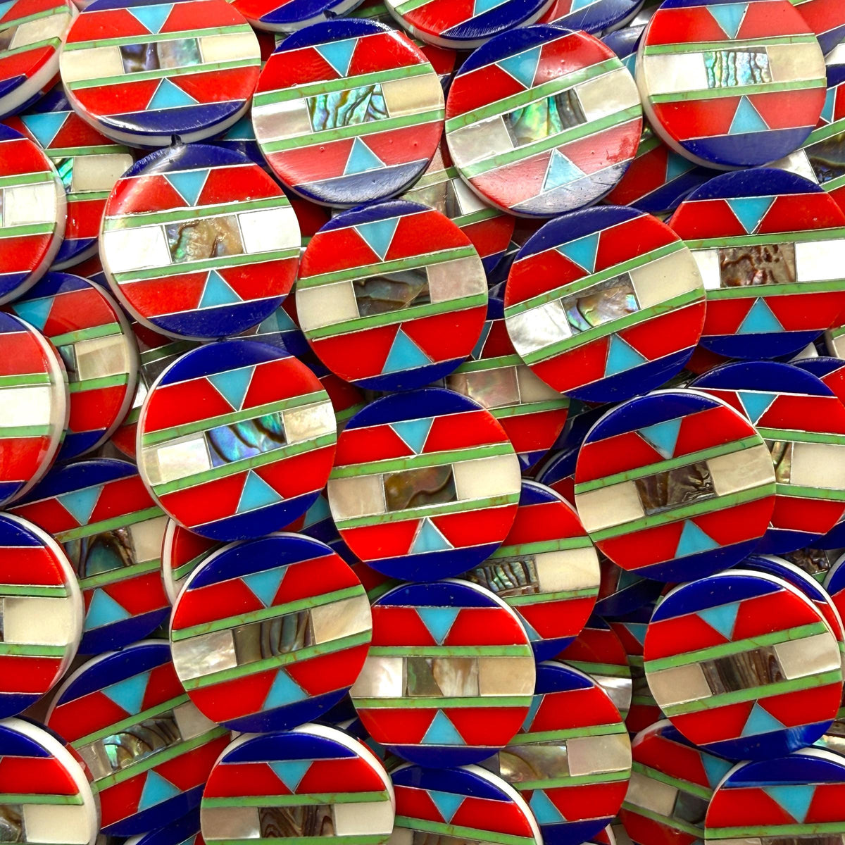 Native Style Inlay Beads - Abalone, Turquoise, Lapis Lazuli, Coral and Mother of Pearl - Double Sided 20mm Coin - 8 Inches - 10 Beads (F404)