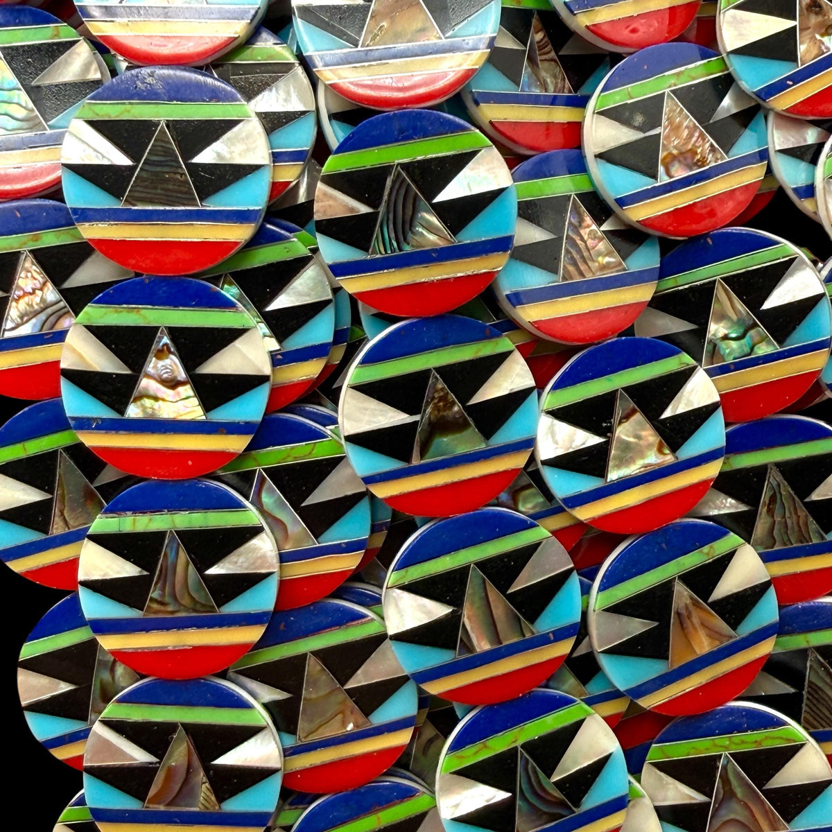Native Style Inlay Beads - Abalone, Turquoise, Lapis Lazuli, Coral and Mother of Pearl - Double Sided 20mm Coin - 8 Inches - 10 Beads (F405)