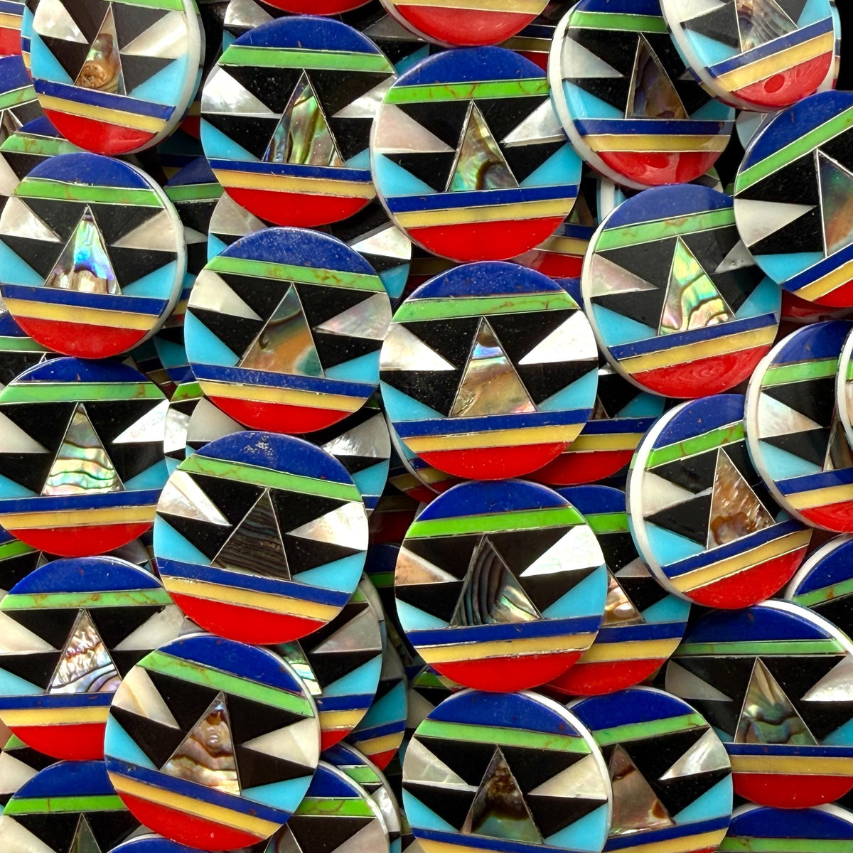 Native Style Inlay Beads - Abalone, Turquoise, Lapis Lazuli, Coral and Mother of Pearl - Double Sided 20mm Coin - 8 Inches - 10 Beads (F405)