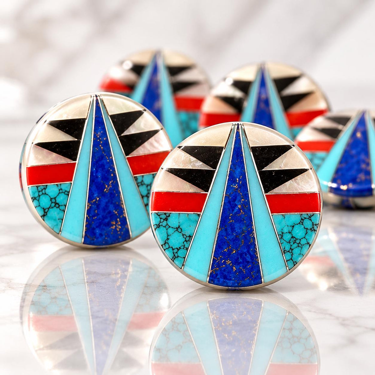 Native Style Inlay Beads - Turquoise, Lapis Lazuli, Coral, Mother of Pearl and Black Onyx - Double Sided 20mm Coin - 10 Beads (F407)