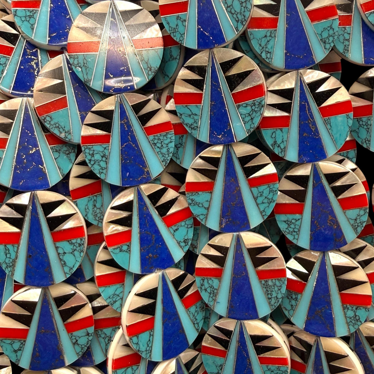 Native Style Inlay Beads - Turquoise, Lapis Lazuli, Coral, Mother of Pearl and Black Onyx - Double Sided 20mm Coin - 10 Beads (F407)