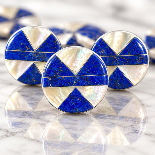 Native Style Inlay Beads - Lapis Lazuli with Pyrite Inclusion and Mother of Pearl - Double Sided 20mm Coin - 8 Inches - 10 Beads (F408)