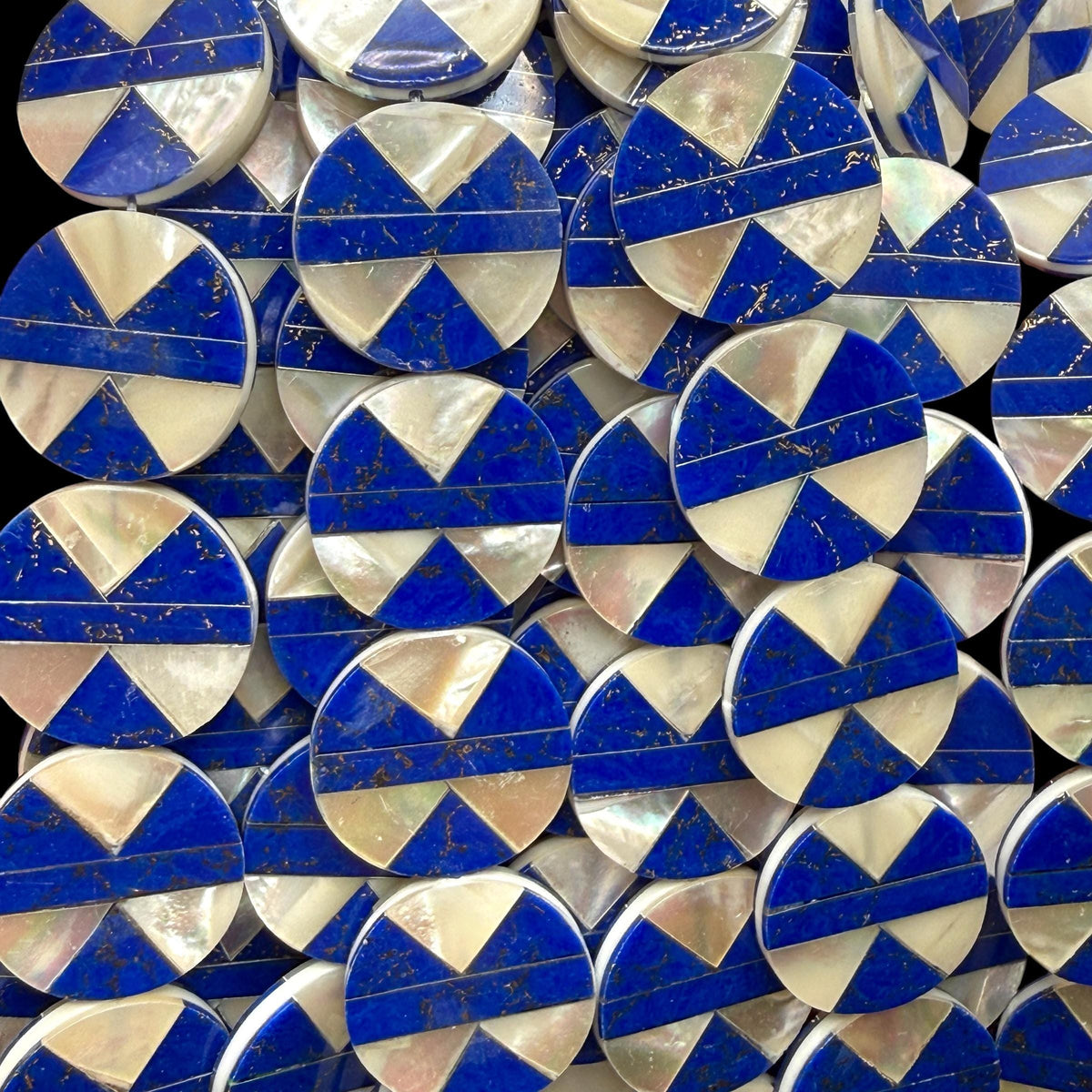 Native Style Inlay Beads - Lapis Lazuli with Pyrite Inclusion and Mother of Pearl - Double Sided 20mm Coin - 8 Inches - 10 Beads (F408)