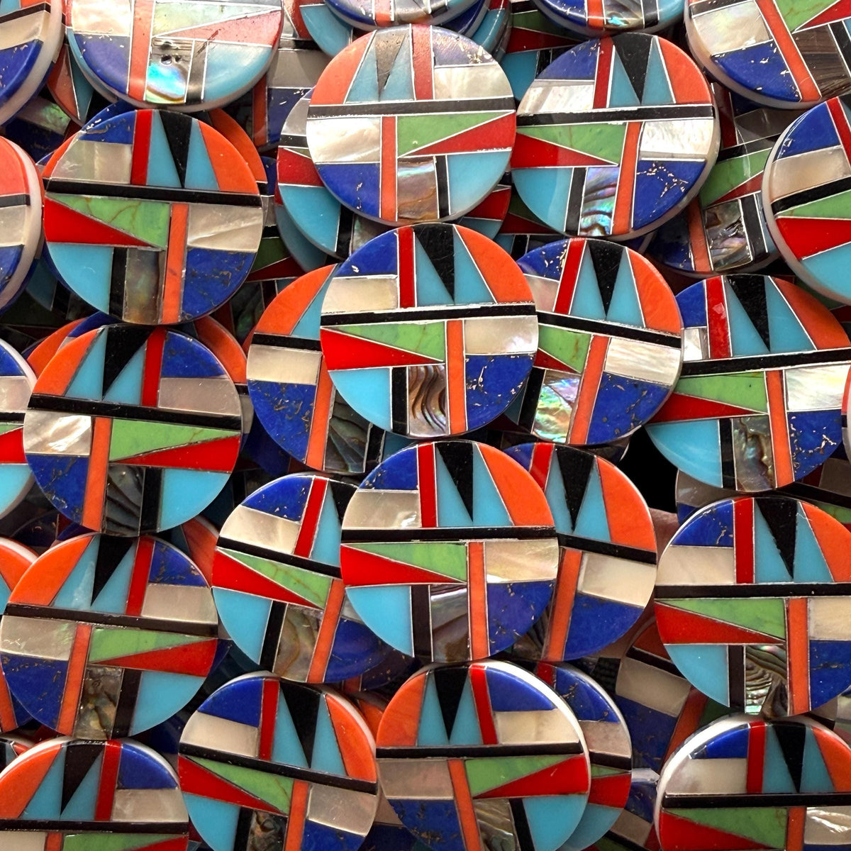 Native Style Inlay Beads - Spiny Oyster Shell, Abalone, Lapis, Turquoise, Coral, MOP and Onyx - Double Sided 20mm Coin - 10 Beads (F409)