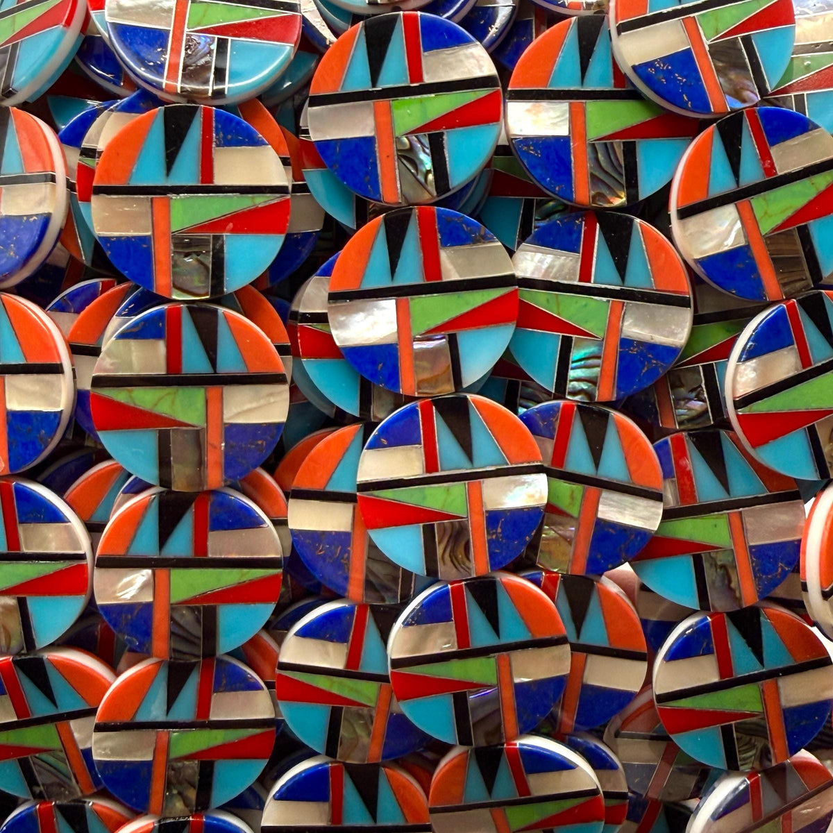 Native Style Inlay Beads - Spiny Oyster Shell, Abalone, Lapis, Turquoise, Coral, MOP and Onyx - Double Sided 20mm Coin - 10 Beads (F409)