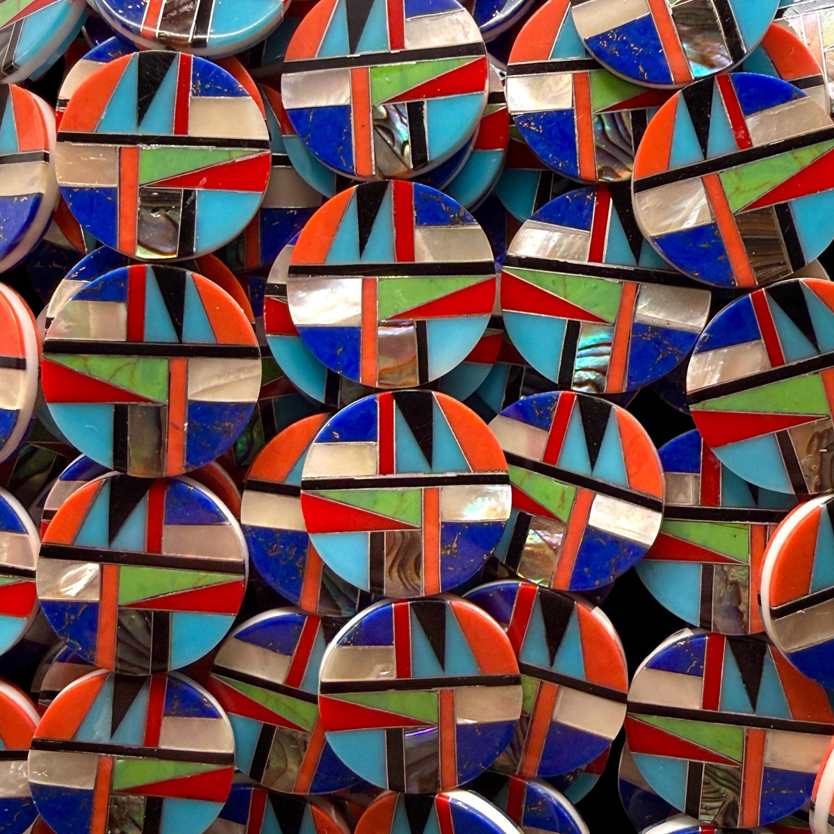 Native Style Inlay Beads - Spiny Oyster Shell, Abalone, Lapis, Turquoise, Coral, MOP and Onyx - Double Sided 20mm Coin - 10 Beads (F409)