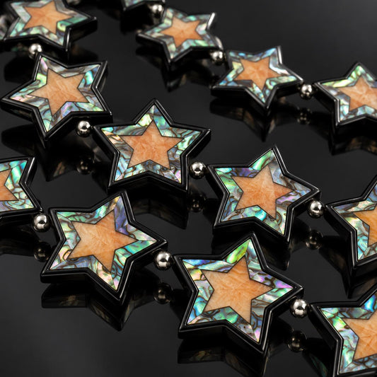 Spiny Oyster & Abalone Shell Beads - Black Mosaic Star Inlay - Small Batch Production - Native American Style- Double Sided 26mm Star (F511)