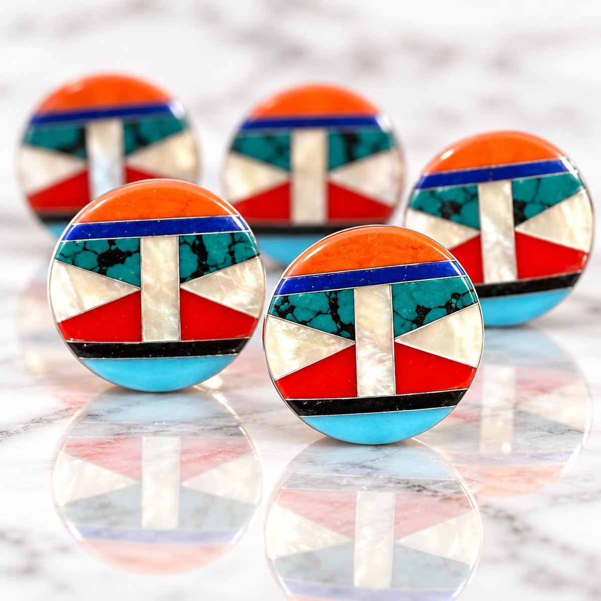 Native Style Inlay Beads - Spiny Oyster Shell, Lapis, Turquoise, Coral, Mother of Pearl and Onyx - Double Sided 20mm Coin - 10 Beads (F410)