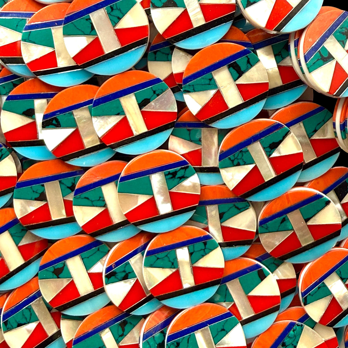 Native Style Inlay Beads - Spiny Oyster Shell, Lapis, Turquoise, Coral, Mother of Pearl and Onyx - Double Sided 20mm Coin - 10 Beads (F410)