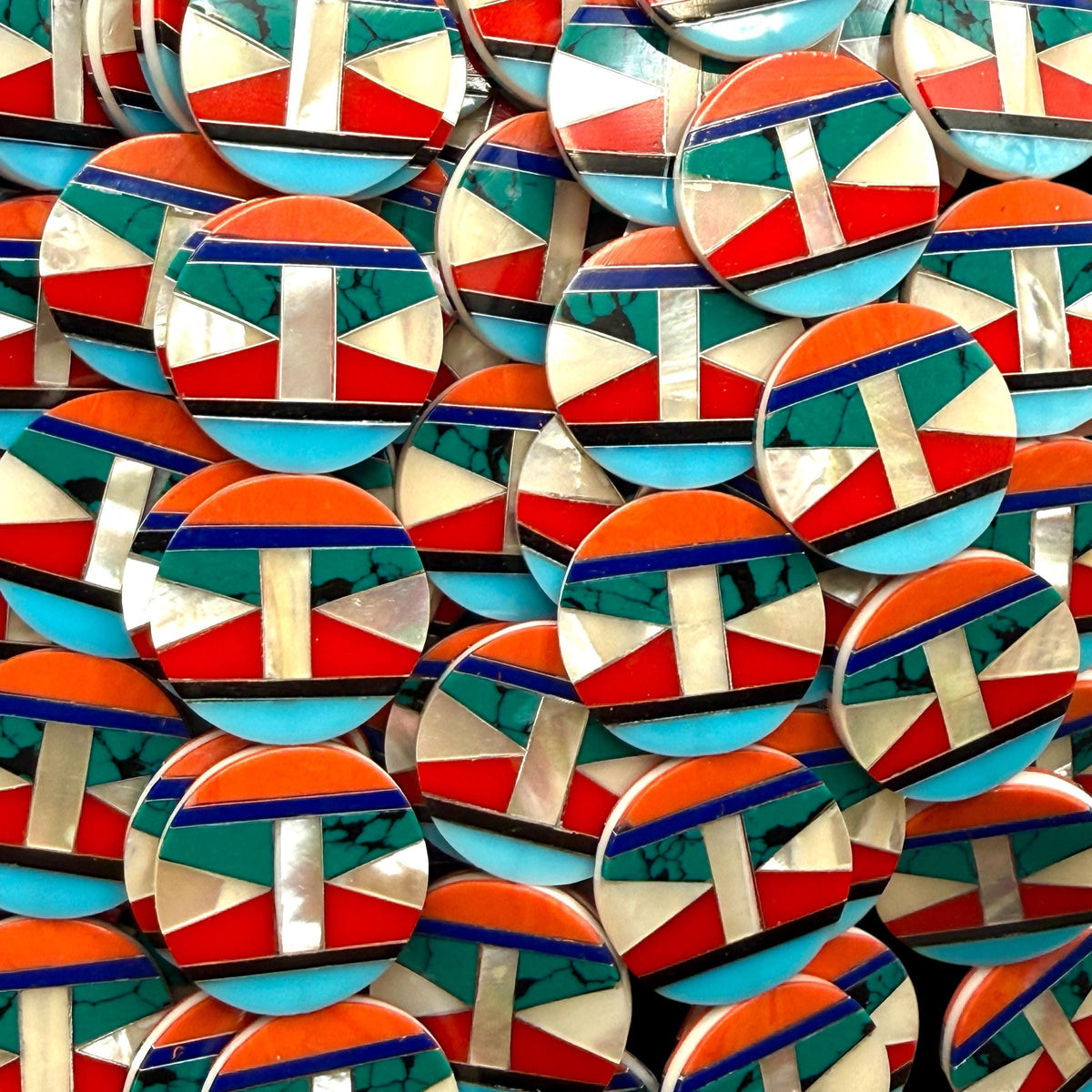 Native Style Inlay Beads - Spiny Oyster Shell, Lapis, Turquoise, Coral, Mother of Pearl and Onyx - Double Sided 20mm Coin - 10 Beads (F410)