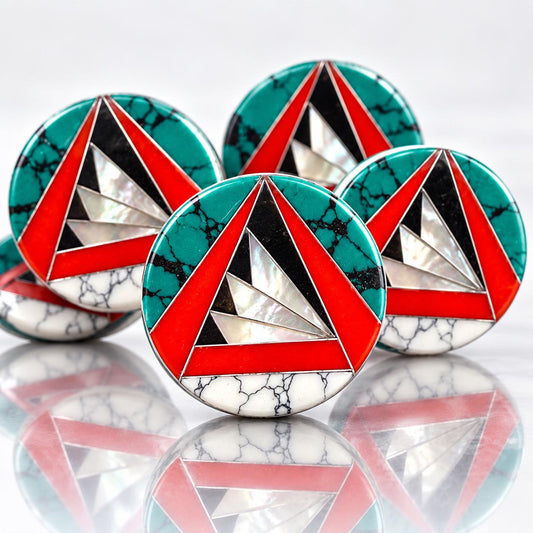 Native Style Inlay Beads - Turquoise, Red Coral, Mother of Pearl, Black Onyx, Howlite - Double Sided 20mm Coin - 10 Beads (F411)