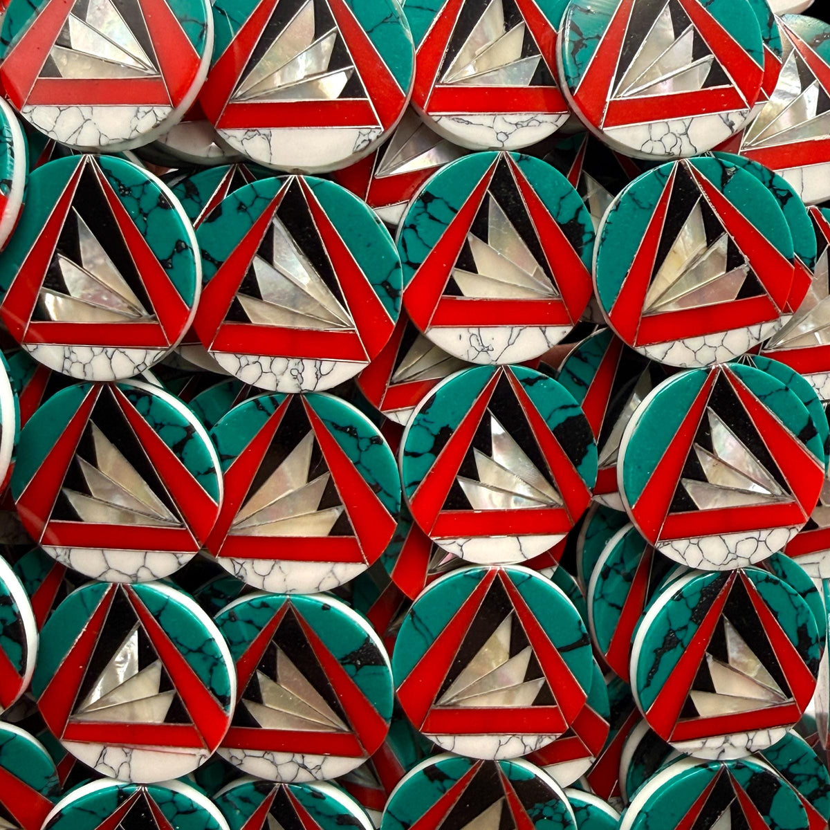 Native Style Inlay Beads - Turquoise, Red Coral, Mother of Pearl, Black Onyx, Howlite - Double Sided 20mm Coin - 10 Beads (F411)