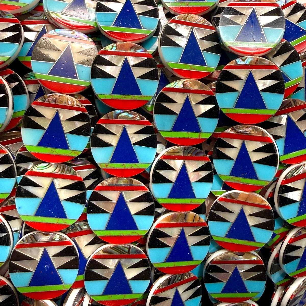 Native Style Inlay Beads - Turquoise, Lapis Lazuli, Coral, Mother of Pearl and Black Onyx - Double Sided 20mm Coin - 10 Beads (F412)