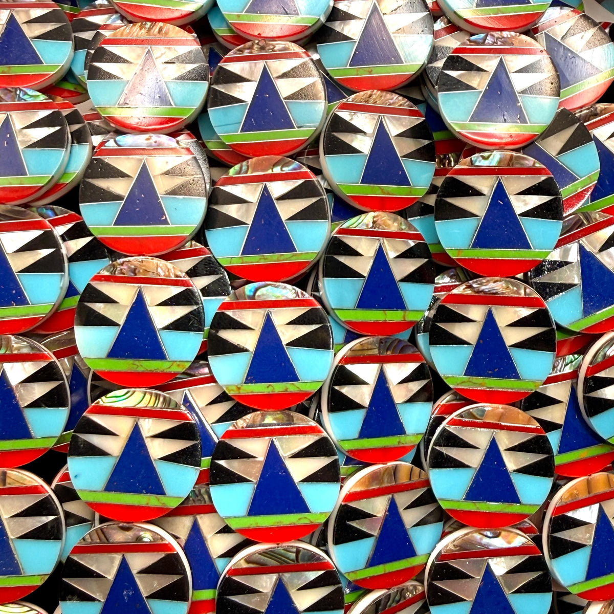 Native Style Inlay Beads - Turquoise, Lapis Lazuli, Coral, Mother of Pearl and Black Onyx - Double Sided 20mm Coin - 10 Beads (F412)