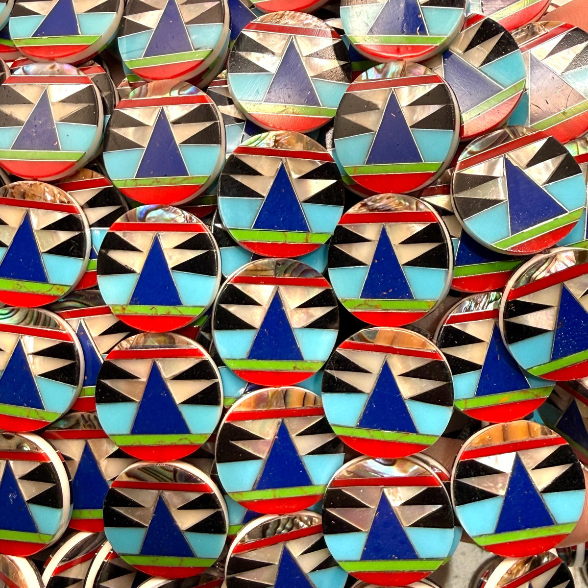 Native Style Inlay Beads - Turquoise, Lapis Lazuli, Coral, Mother of Pearl and Black Onyx - Double Sided 20mm Coin - 10 Beads (F412)