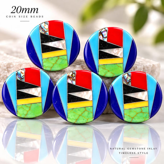 Native Style Inlay Beads - Turquoise, Abalone, Lapis, Coral, Mother of Pearl and Black Onyx - Double Sided 20mm Coin - 10 Beads (F413)