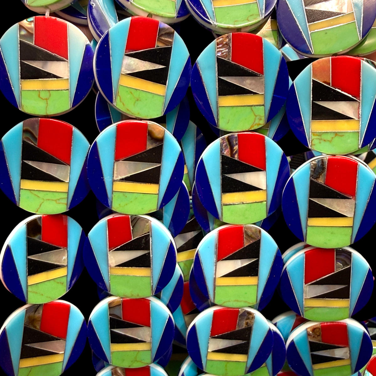 Native Style Inlay Beads - Turquoise, Abalone, Lapis, Coral, Mother of Pearl and Black Onyx - Double Sided 20mm Coin - 10 Beads (F413)