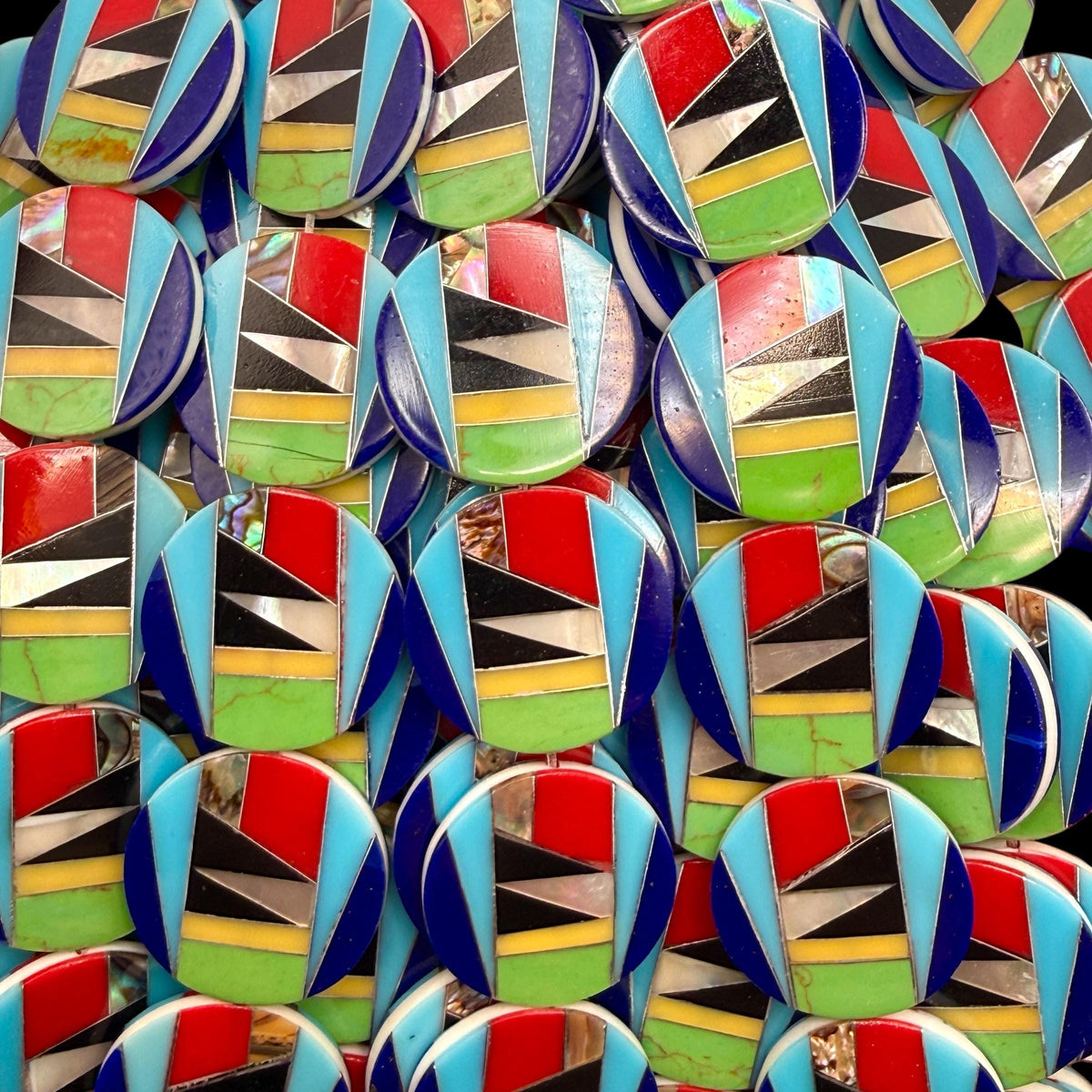 Native Style Inlay Beads - Turquoise, Abalone, Lapis, Coral, Mother of Pearl and Black Onyx - Double Sided 20mm Coin - 10 Beads (F413)