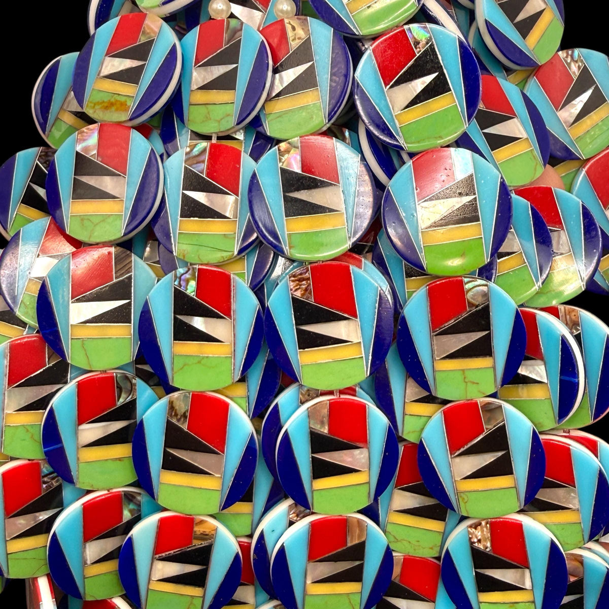 Native Style Inlay Beads - Turquoise, Abalone, Lapis, Coral, Mother of Pearl and Black Onyx - Double Sided 20mm Coin - 10 Beads (F413)