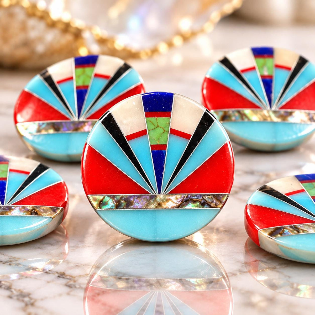 Native Style Inlay Beads - Abalone, Turquoise, Lapis, Red Coral, Mother of Pearl & Onyx - Double Sided 20mm Coin- 8 Inches - 10 Beads (F414)