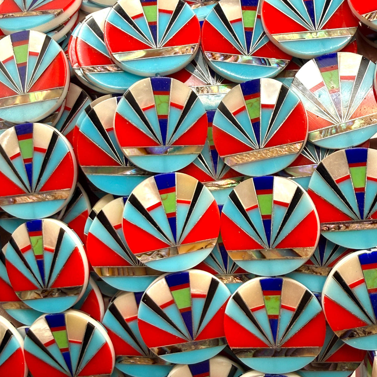 Native Style Inlay Beads - Abalone, Turquoise, Lapis, Red Coral, Mother of Pearl & Onyx - Double Sided 20mm Coin- 8 Inches - 10 Beads (F414)