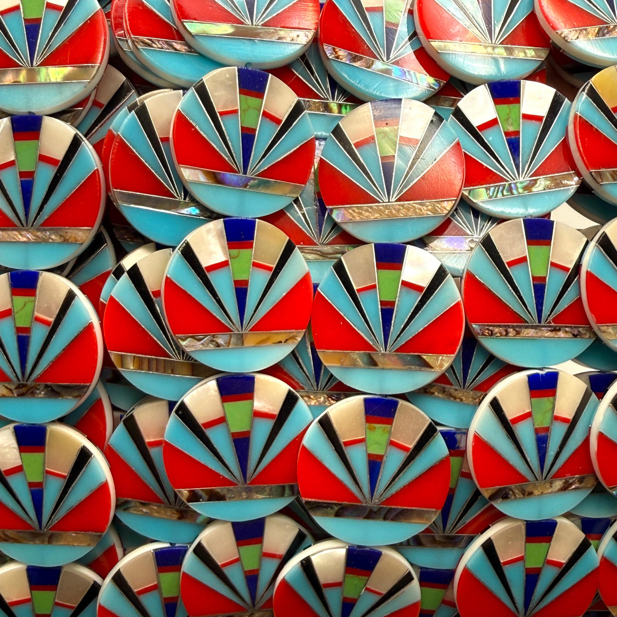 Native Style Inlay Beads - Abalone, Turquoise, Lapis, Red Coral, Mother of Pearl & Onyx - Double Sided 20mm Coin- 8 Inches - 10 Beads (F414)