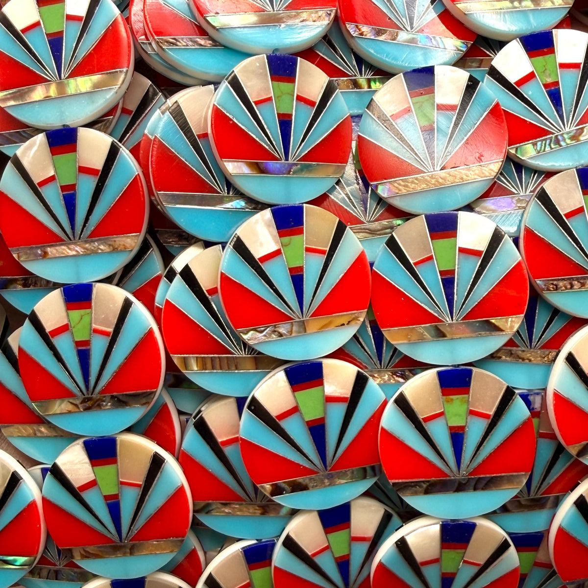 Native Style Inlay Beads - Abalone, Turquoise, Lapis, Red Coral, Mother of Pearl & Onyx - Double Sided 20mm Coin- 8 Inches - 10 Beads (F414)