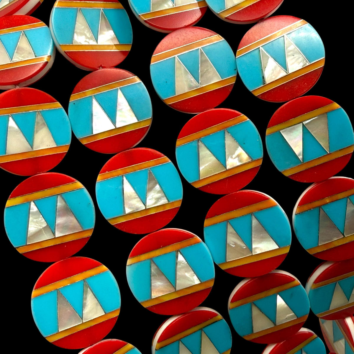 Native Style Inlay Beads - Spiny Oyster Shell, Turquoise, Red Coral and Mother of Pearl - Double Sided 20mm Coin - 10 Beads (F415)