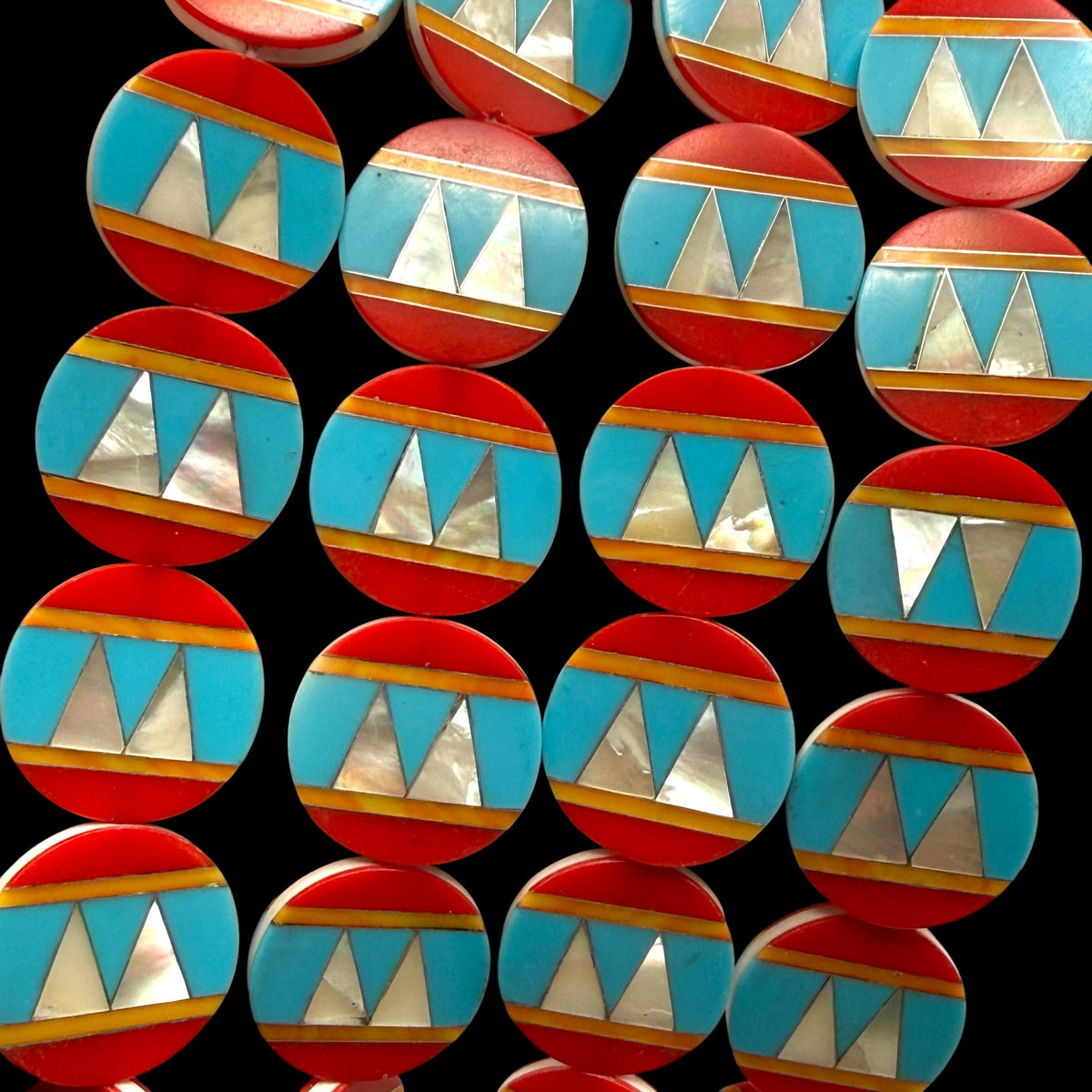 Native Style Inlay Beads - Spiny Oyster Shell, Turquoise, Red Coral and Mother of Pearl - Double Sided 20mm Coin - 10 Beads (F415)