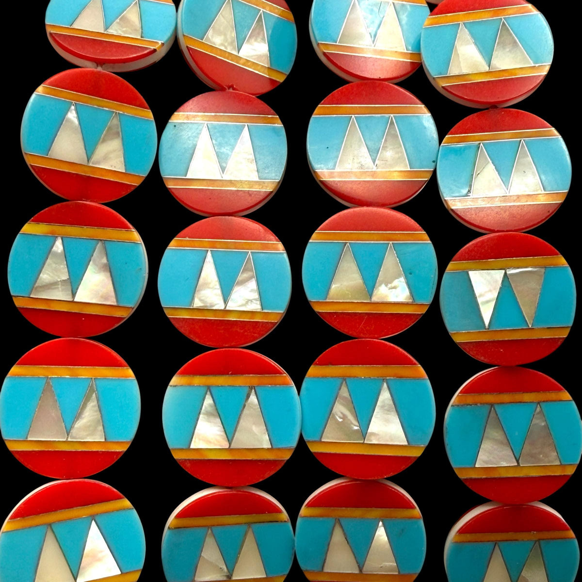 Native Style Inlay Beads - Spiny Oyster Shell, Turquoise, Red Coral and Mother of Pearl - Double Sided 20mm Coin - 10 Beads (F415)