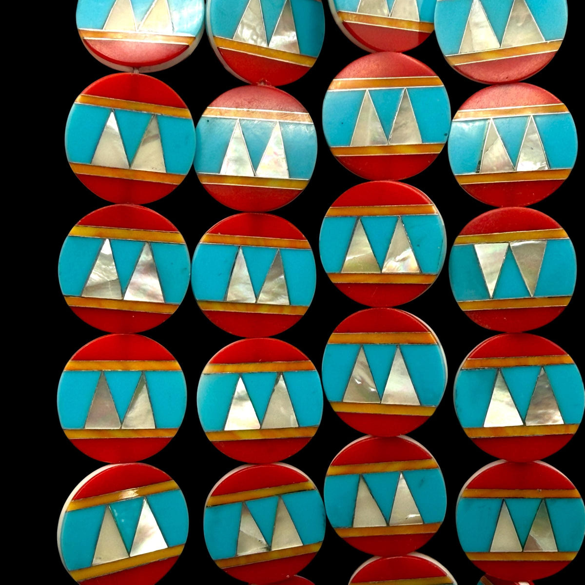 Native Style Inlay Beads - Spiny Oyster Shell, Turquoise, Red Coral and Mother of Pearl - Double Sided 20mm Coin - 10 Beads (F415)