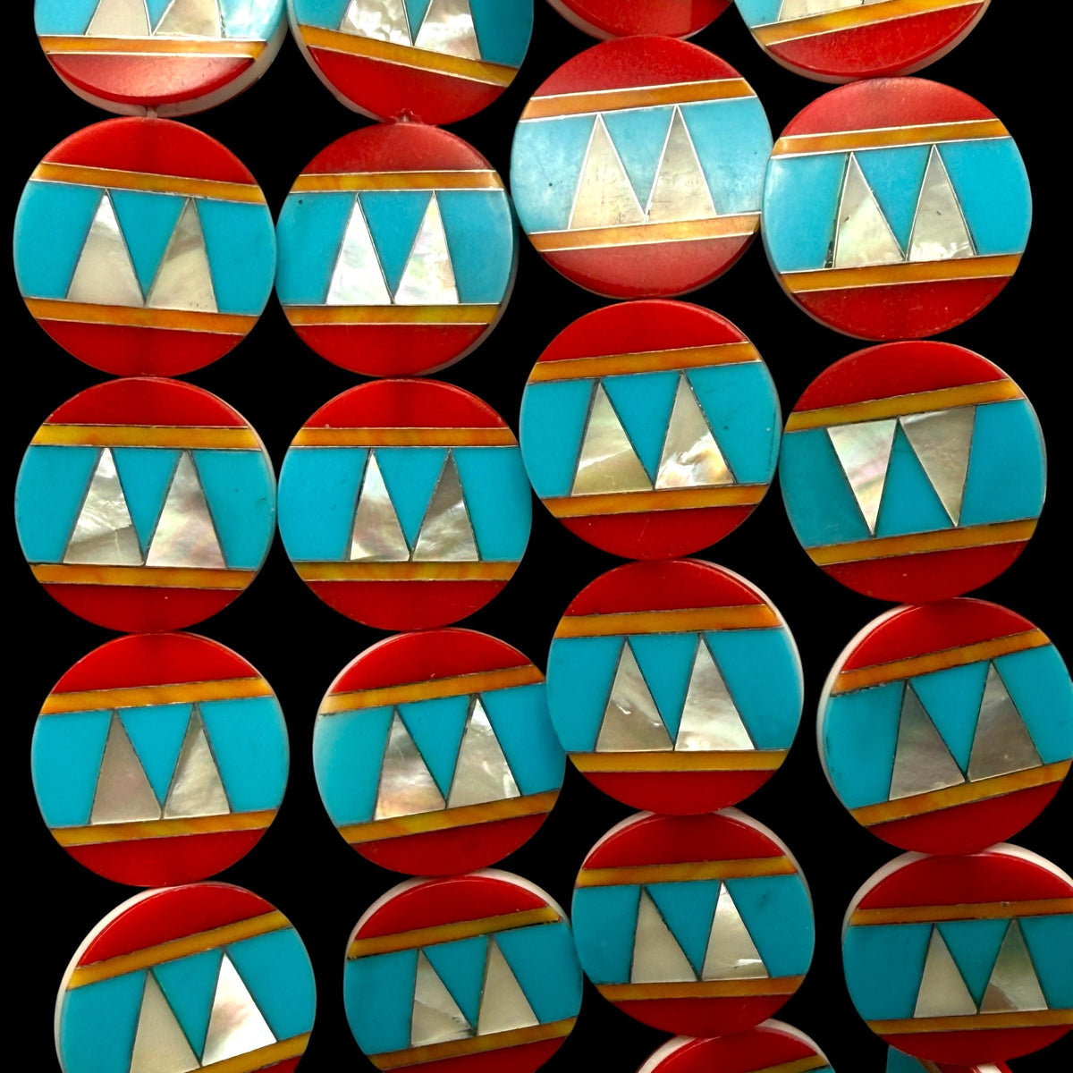 Native Style Inlay Beads - Spiny Oyster Shell, Turquoise, Red Coral and Mother of Pearl - Double Sided 20mm Coin - 10 Beads (F415)