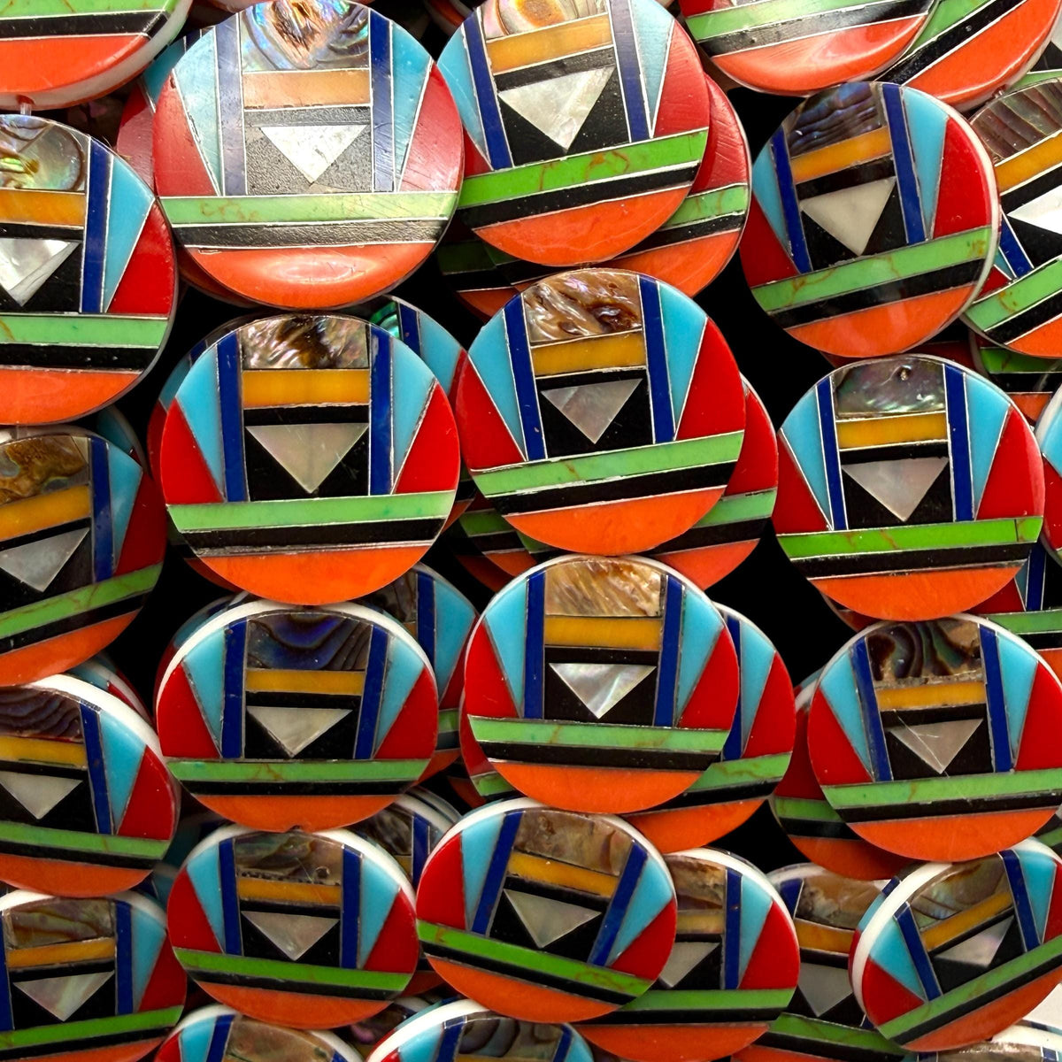 Native Style Inlay Beads - Spiny Oyster Shell, Abalone, Lapis, Turquoise, Coral, MOP and Onyx - Double Sided 20mm Coin - 10 Beads (F416)