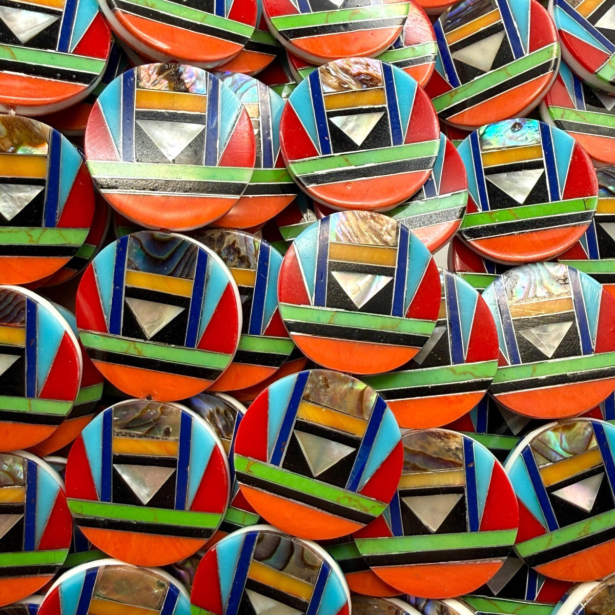Native Style Inlay Beads - Spiny Oyster Shell, Abalone, Lapis, Turquoise, Coral, MOP and Onyx - Double Sided 20mm Coin - 10 Beads (F416)