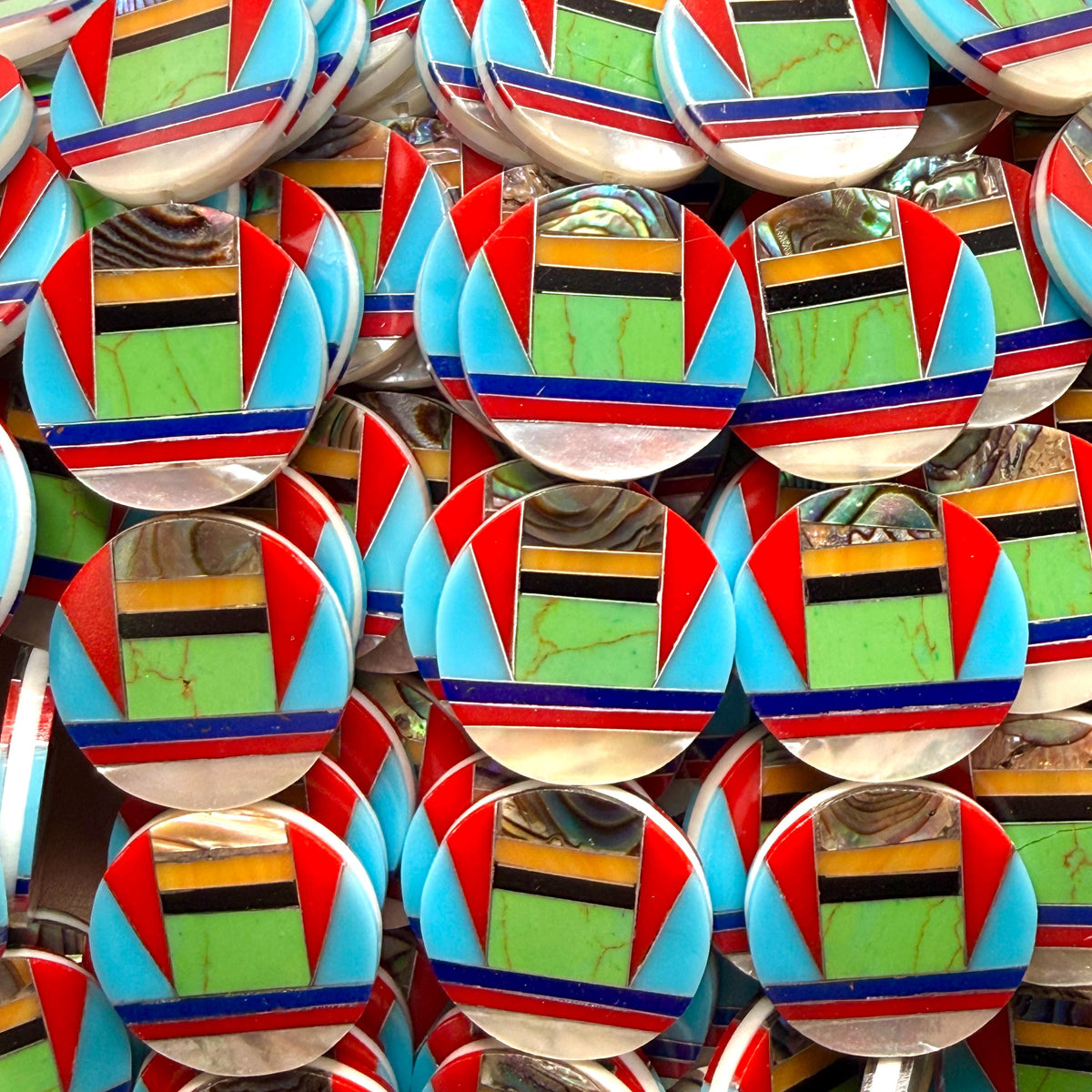 Native Style Inlay Beads - Abalone, Turquoise, Lapis Lazuli, Coral, Mother of Pearl and Black Onyx- Double Sided 20mm Coin - 10 Beads (F418)
