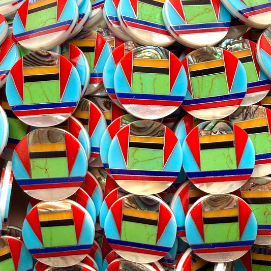 Native Style Inlay Beads - Abalone, Turquoise, Lapis Lazuli, Coral, Mother of Pearl and Black Onyx- Double Sided 20mm Coin - 10 Beads (F418)