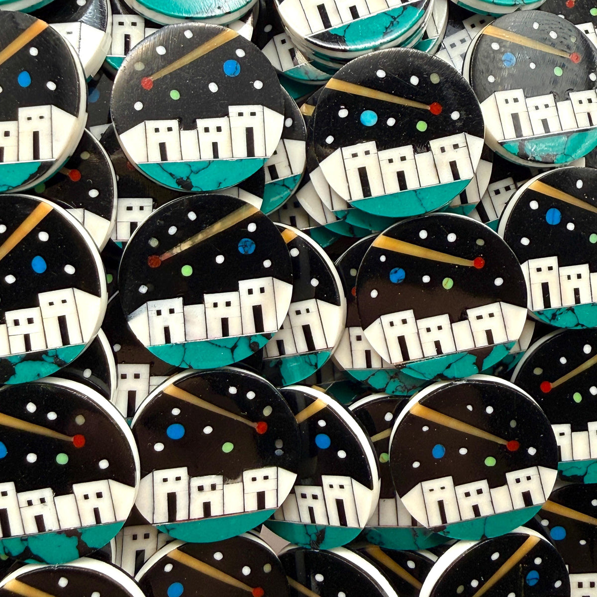 Native Style Inlay Beads (Galaxy) Spiny Oyster Shell, Turquoise, Coral, Mother of Pearl and Onyx - Double Sided 20mm Coin - 10 Beads (F419)