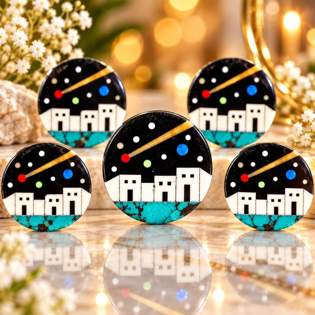 Native Style Inlay Beads (Galaxy) Spiny Oyster Shell, Turquoise, Coral, Mother of Pearl and Onyx - Double Sided 20mm Coin - 10 Beads (F419)