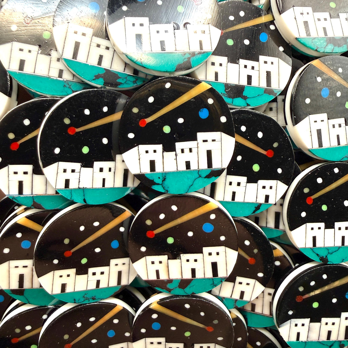 Native Style Inlay Beads (Galaxy) Spiny Oyster Shell, Turquoise, Coral, Mother of Pearl and Onyx - Double Sided 20mm Coin - 10 Beads (F419)