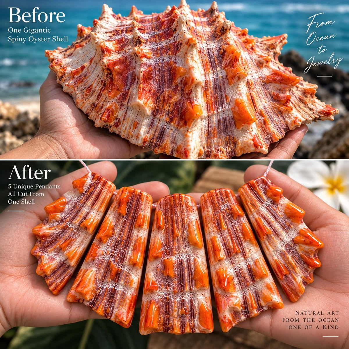 Bundle-5 Pcs Spiny Oyster Shell Beads Pendant Mexico (Cut From One Single Gigantic Shell) One-of-a-Kind Freeform Top-Drilled (D101)