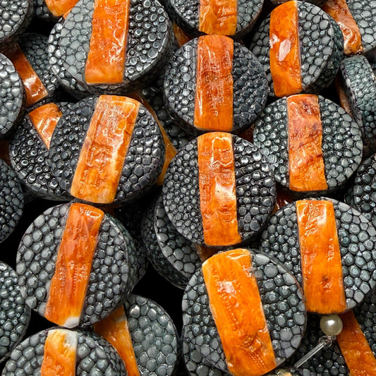 Real STINGRAY & Spiny Oyster Shell Inlay Beads - Incredible Pearl Texture Leather - Small Batch Production - Coin 20mm (10 Beads - 8”) #F301