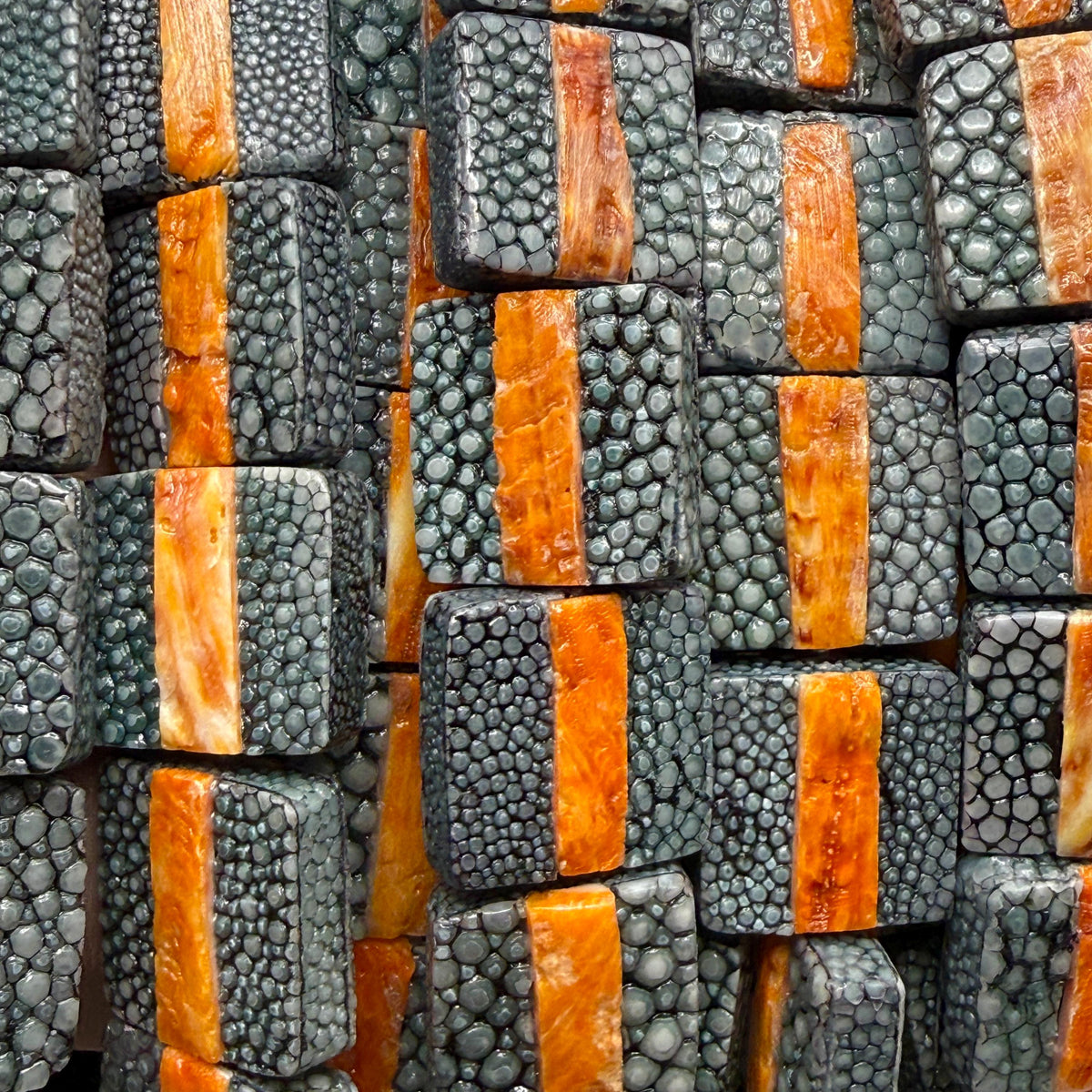 Real STINGRAY & Spiny Oyster Shell Inlay Beads- Incredible Pearl Texture Leather- Small Batch Production - Square 20mm (10 Beads - 8”) #F302