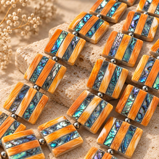 Spiny Oyster Shell Beads & Abalone Shell Inlay Beads - 3D Groove Texture Surface - Native American Style - Double Sided 20mm Square (G501)