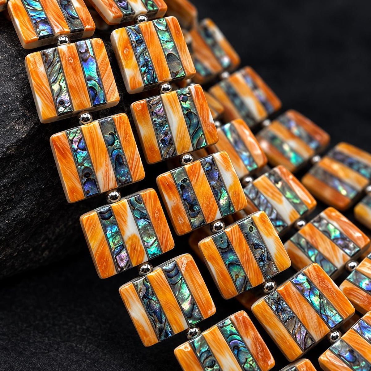 Spiny Oyster Shell Beads & Abalone Shell Inlay Beads - 3D Groove Texture Surface - Native American Style - Double Sided 20mm Square (G501)