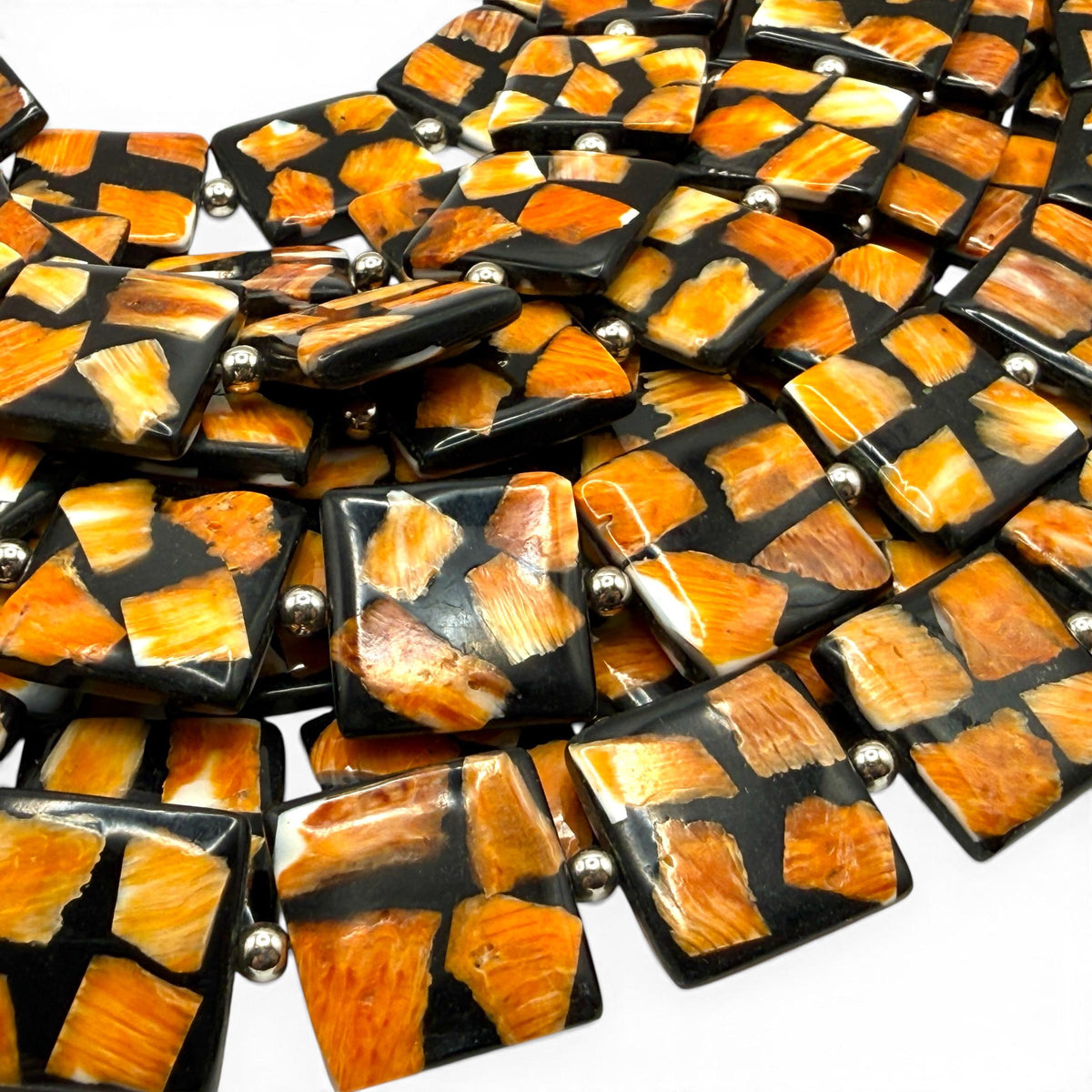 Spiny Oyster Shell Beads Mexico - Black Mosaic Inlay - Small Batch Production - Native American Style - Double Sided 20mm Square (G401)
