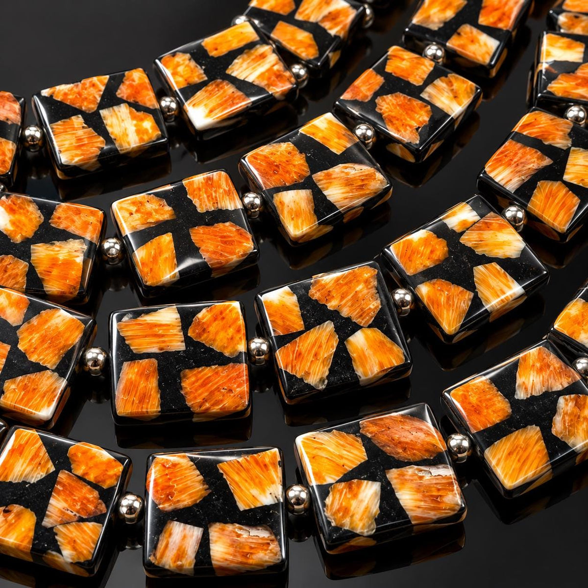 Spiny Oyster Shell Beads Mexico - Black Mosaic Inlay - Small Batch Production - Native American Style - Double Sided 20mm Square (G401)